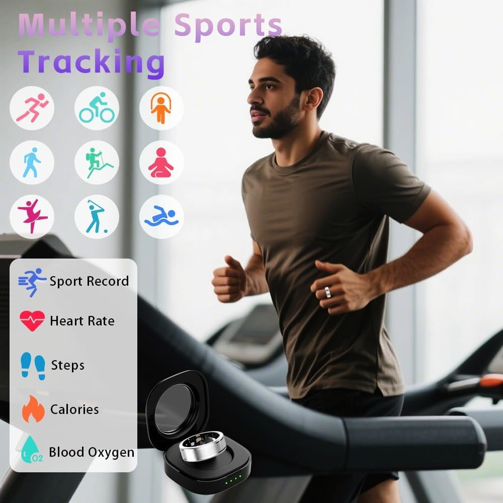 Smart Ring Health Tracker, Fitness Tracker Ring for Women Men, Monitoring of Pedometer, Spo2, Sleep Quality, Heart Rate, No Subscription Fee, Sport Rings for Ios & Android (Silver, 7)